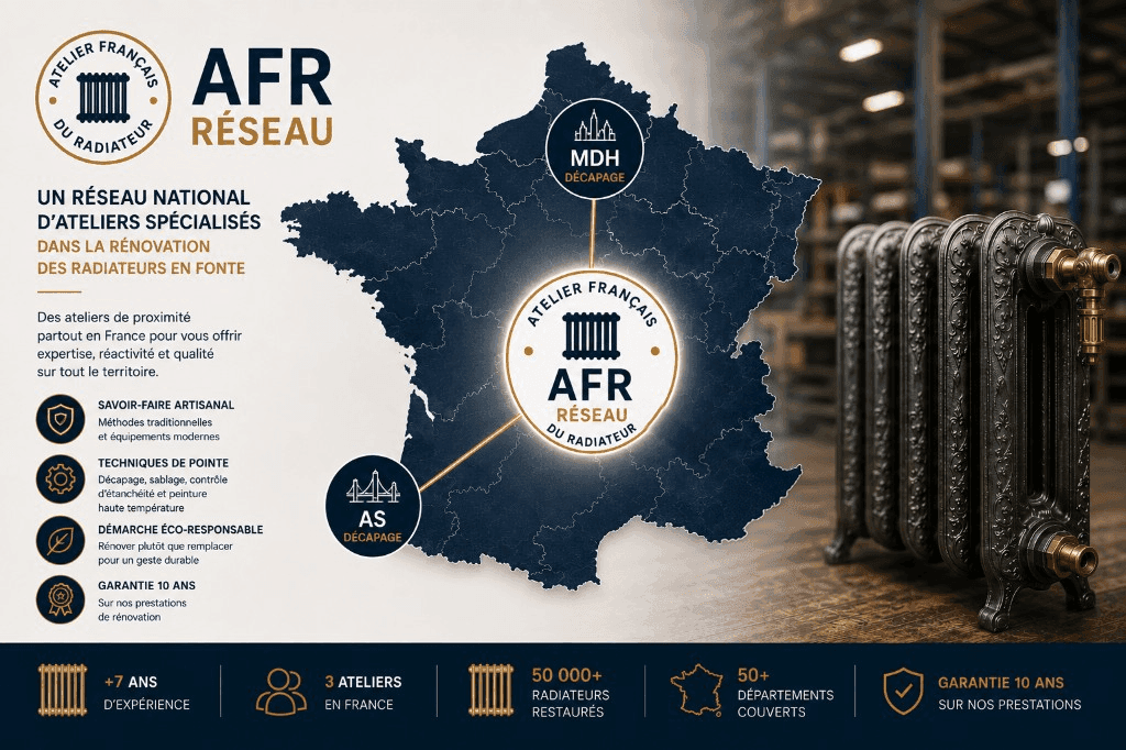 AFR Réseau : carte des ateliers régionaux spécialisés dans la rénovation des radiateurs en fonte