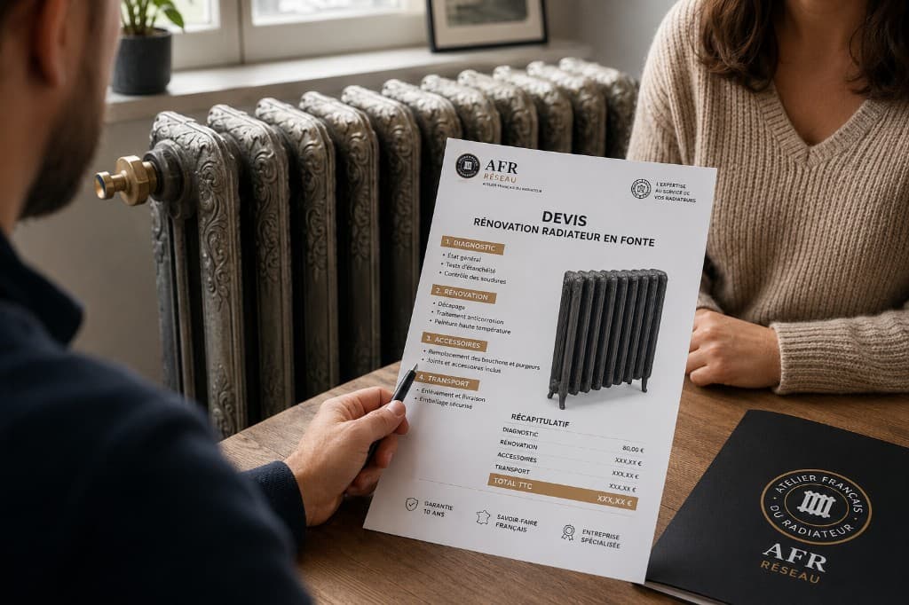 Client examinant un devis de rénovation de radiateur en fonte de l'Atelier Français du Radiateur