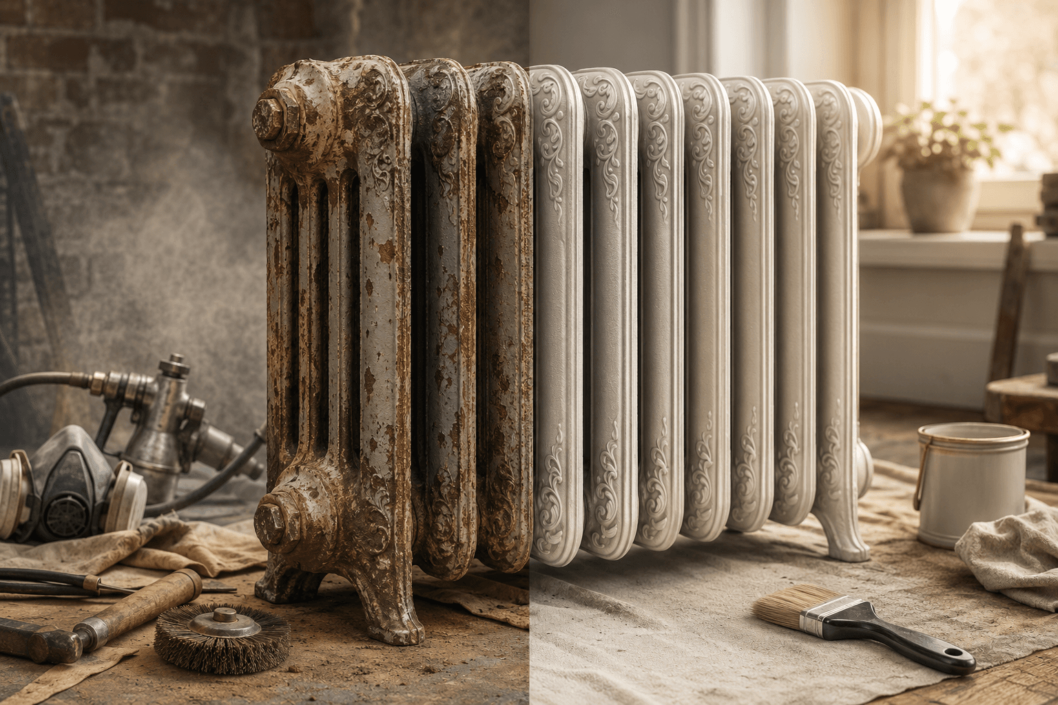 Radiateur en fonte avant et après rénovation par l'Atelier Français du Radiateur