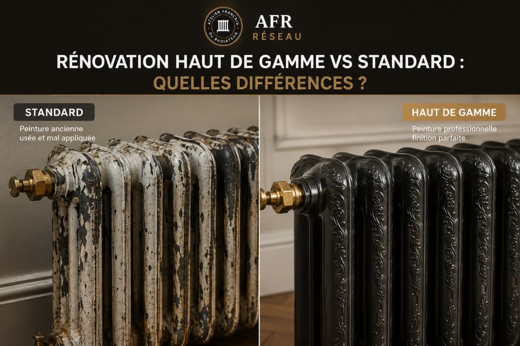 Comparatif visuel d'un radiateur en fonte rénové en standard et en haut de gamme par l'Atelier Français du Radiateur