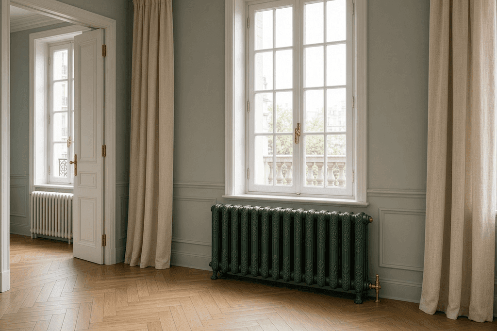 Radiateur en fonte ancien à motifs floraux vert anglais sous une fenêtre d'appartement haussmannien, et radiateur à colonnes blanc dans la pièce voisine
