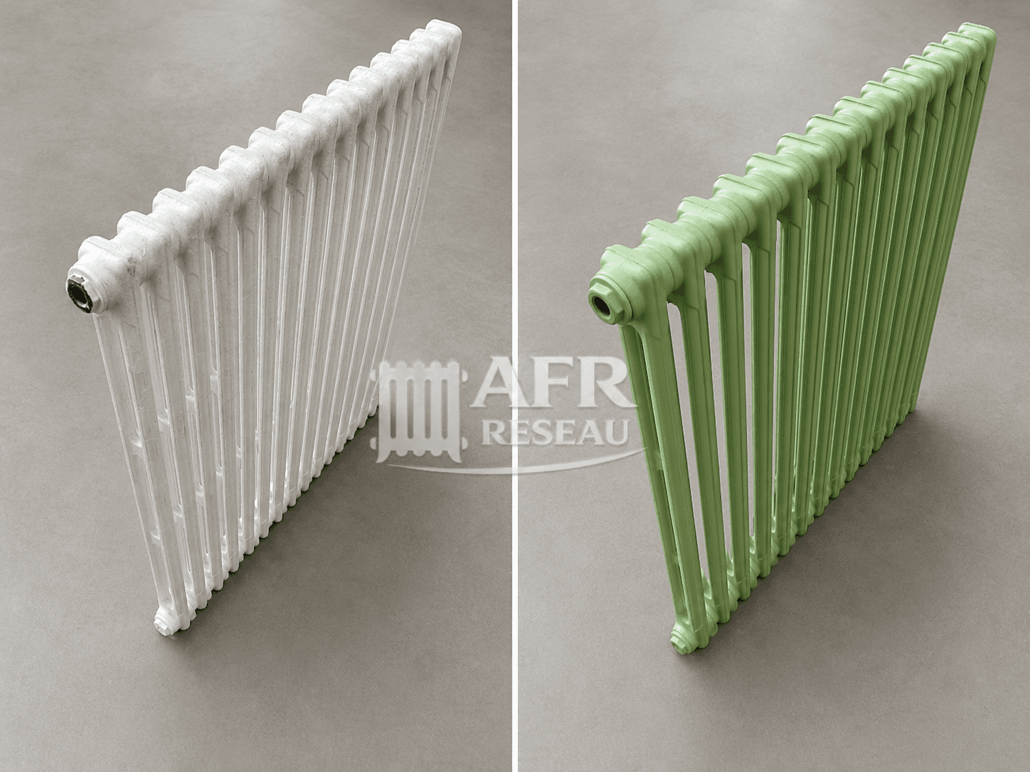Radiateur en fonte restauré par AFR Nord Île-de-France — avant / après