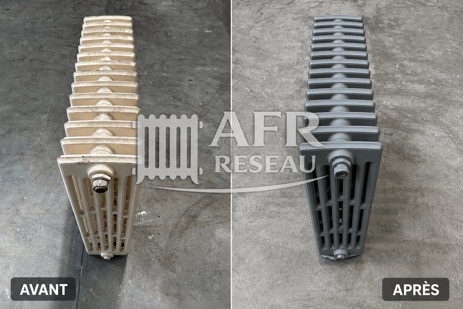 Radiateur en fonte restauré par AFR Nord Île-de-France — avant / après