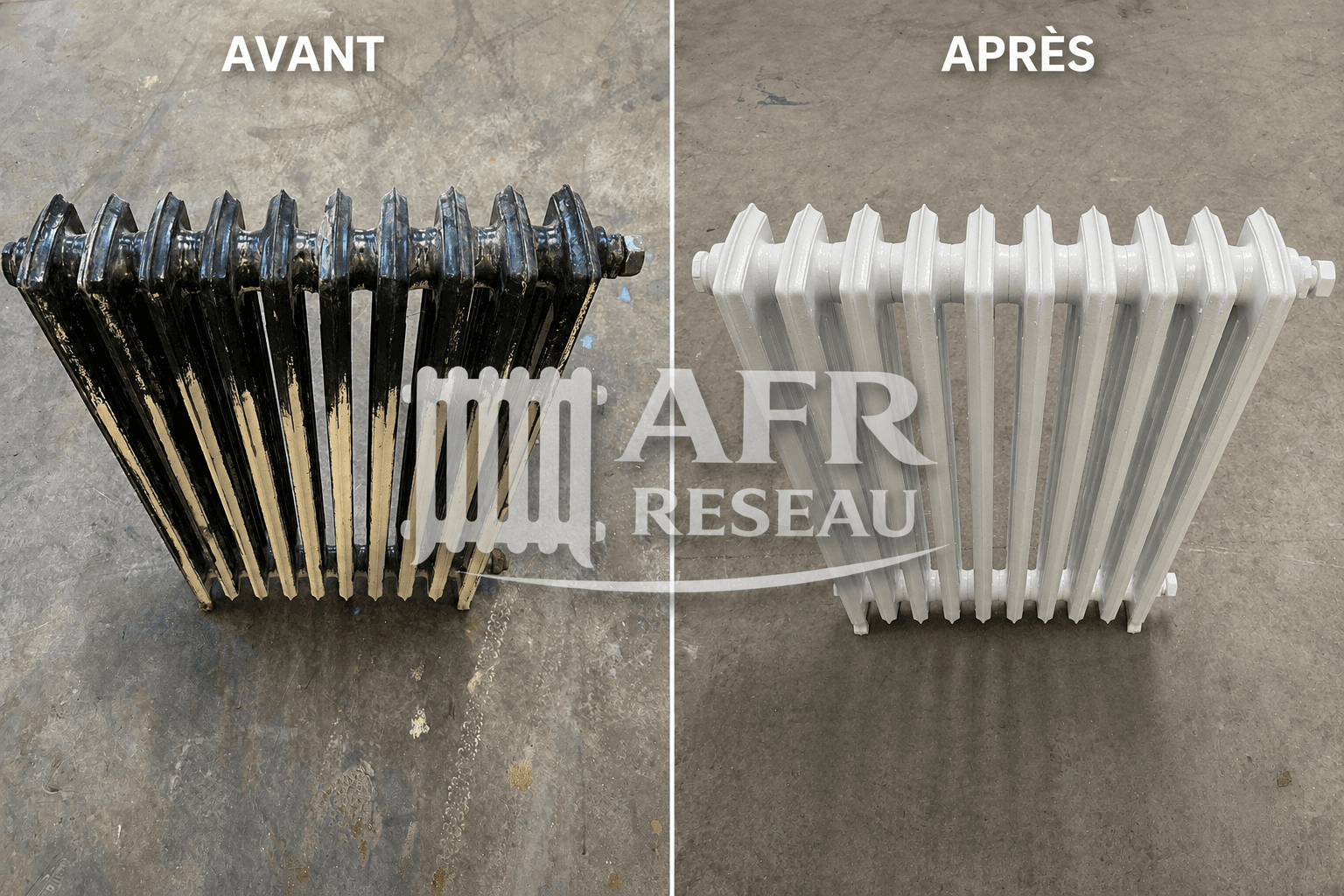 Radiateur en fonte restauré par AFR Nord Île-de-France — avant / après