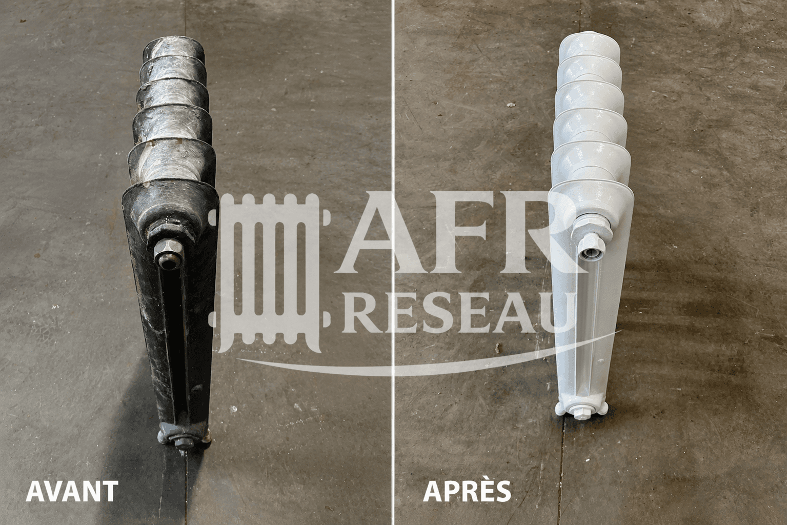 Radiateur en fonte restauré par AFR Nord Île-de-France — avant / après