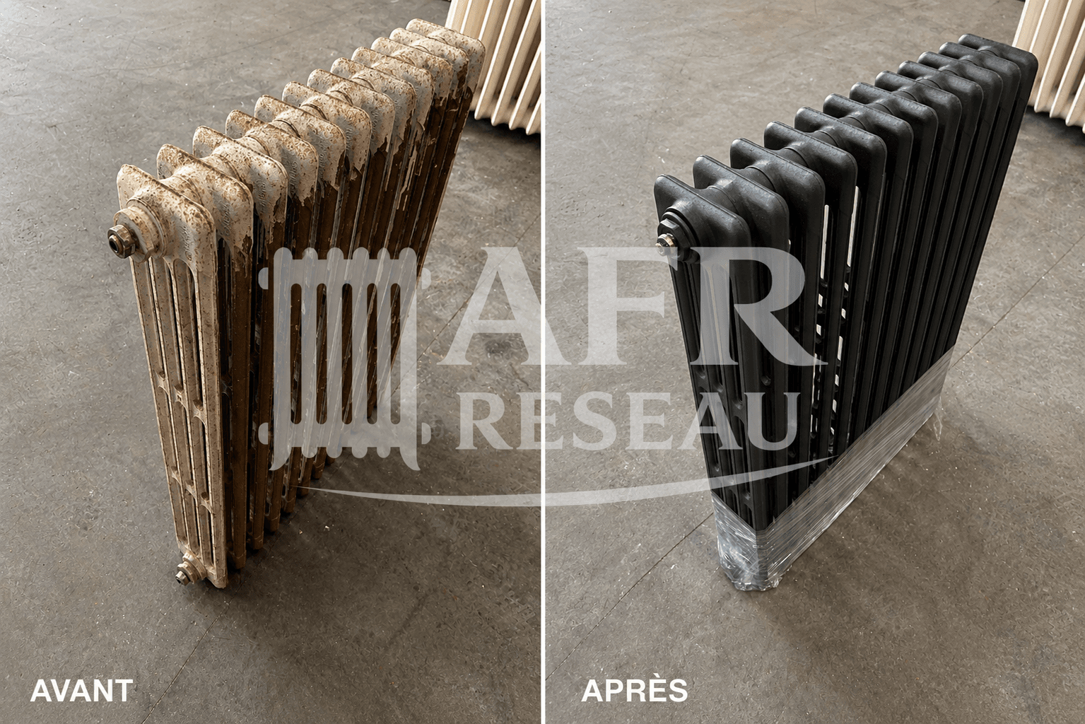 Radiateur en fonte restauré par AFR Nord Île-de-France — avant / après