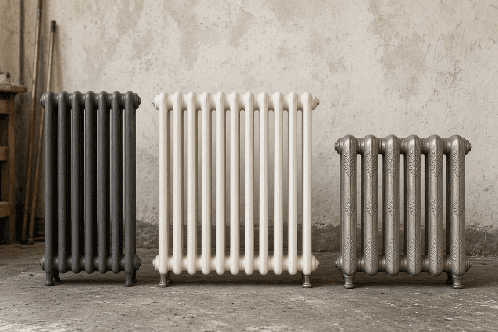 Plusieurs modèles de radiateurs en fonte, à colonnes et décorés, alignés en atelier pour choisir son radiateur