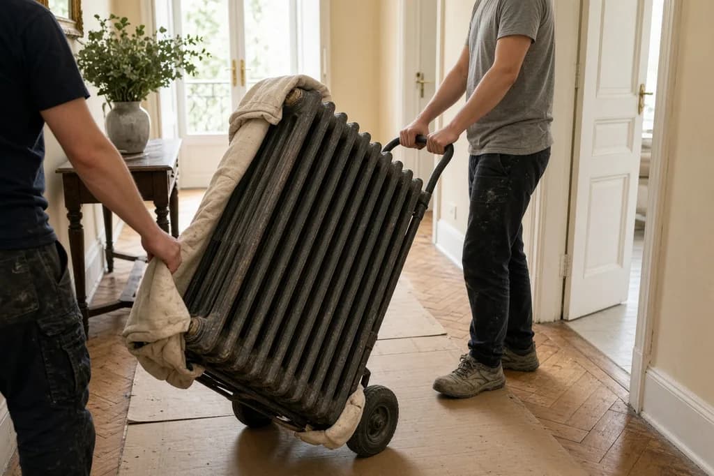 Déposer radiateur fonte : deux personnes déplaçant un radiateur en fonte ancien à l'aide d'un diable, sols protégés, avant enlèvement pour rénovation