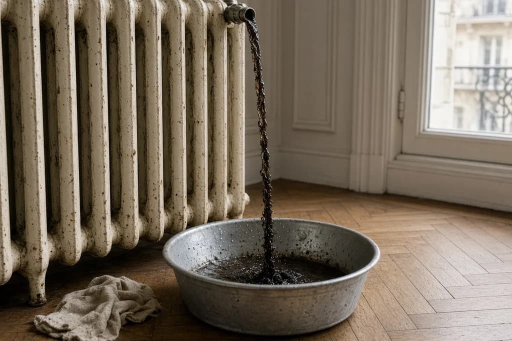 Désembouage radiateur fonte : radiateur en fonte ancien en cours de purge avec de l'eau noire chargée de boues recueillie dans un récipient