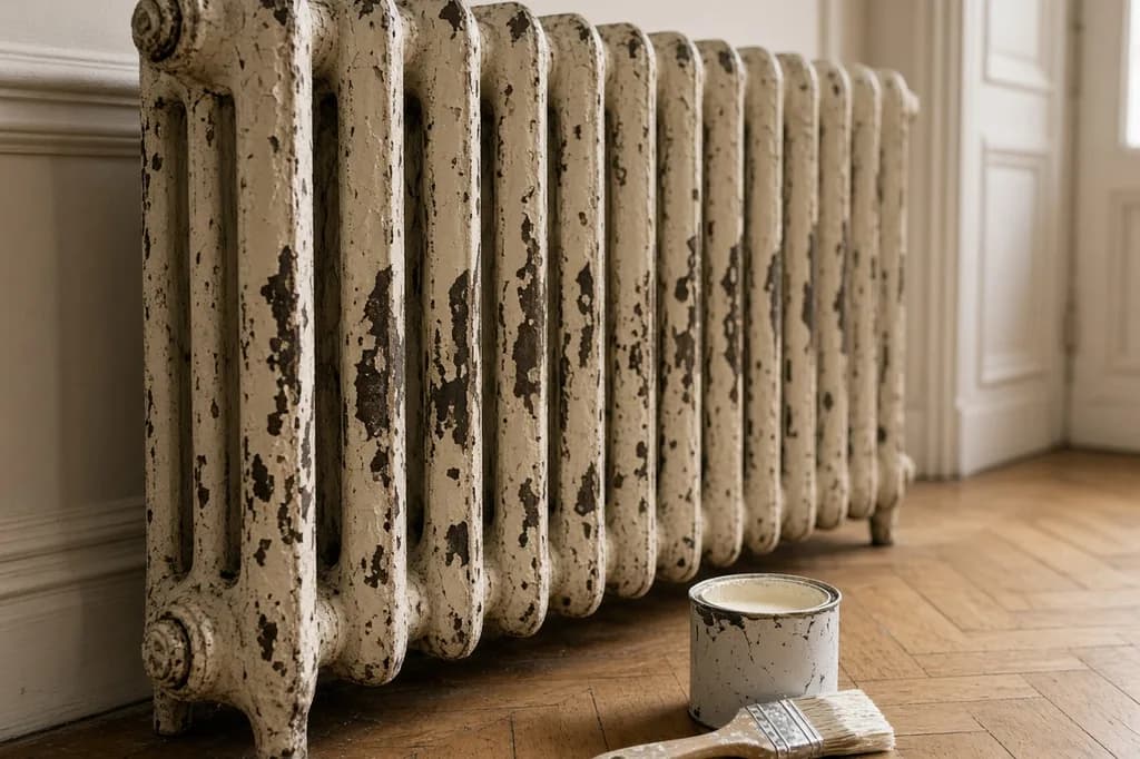 Radiateur en fonte ancien à la peinture écaillée avec un pinceau et un pot de peinture posés au sol, avant rénovation