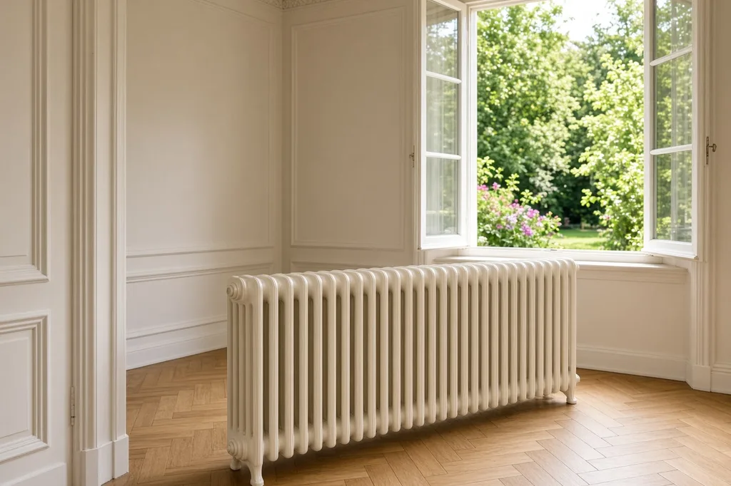 Radiateur en fonte ancien fraîchement rénové sous une fenêtre ouverte sur un jardin en été, dans un intérieur ancien lumineux