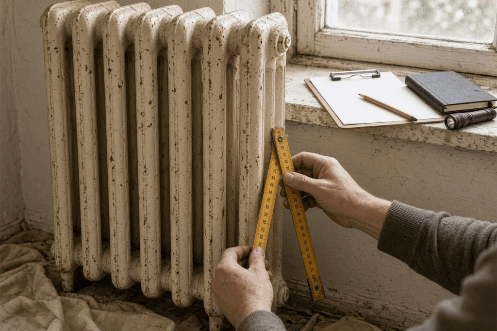 Diagnostic d'un radiateur en fonte avant devis : mesure et inspection de l'état des éléments