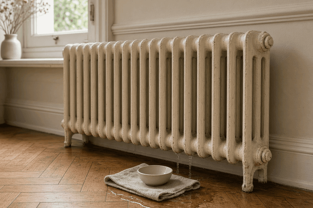 Radiateur en fonte ancien avec une trace de fuite entre deux éléments au-dessus d'un parquet, diagnostic avant réparation