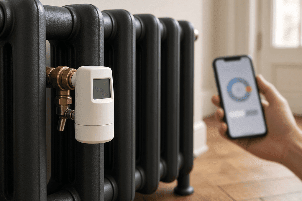 Radiateur en fonte ancien équipé d'une tête thermostatique connectée : ancien radiateur et technologie moderne