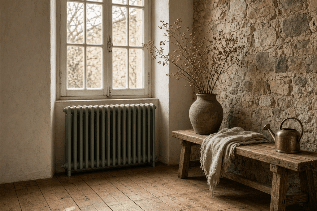 Radiateur en fonte ancien restauré dans un intérieur élégant, symbole du réemploi et de la durabilité