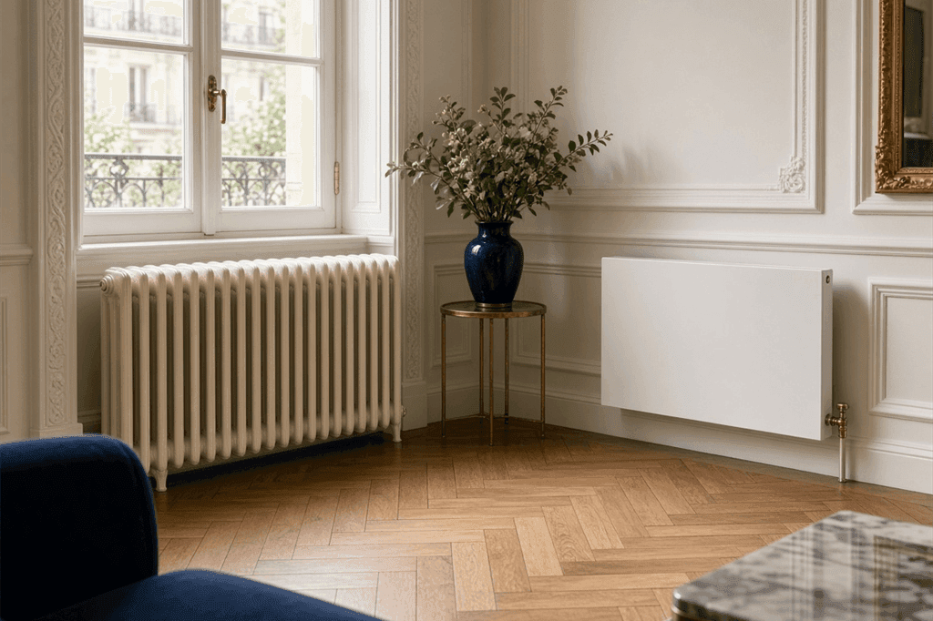 Radiateur en fonte ancien rénové face à un radiateur de remplacement moderne : rénover ou remplacer ses radiateurs